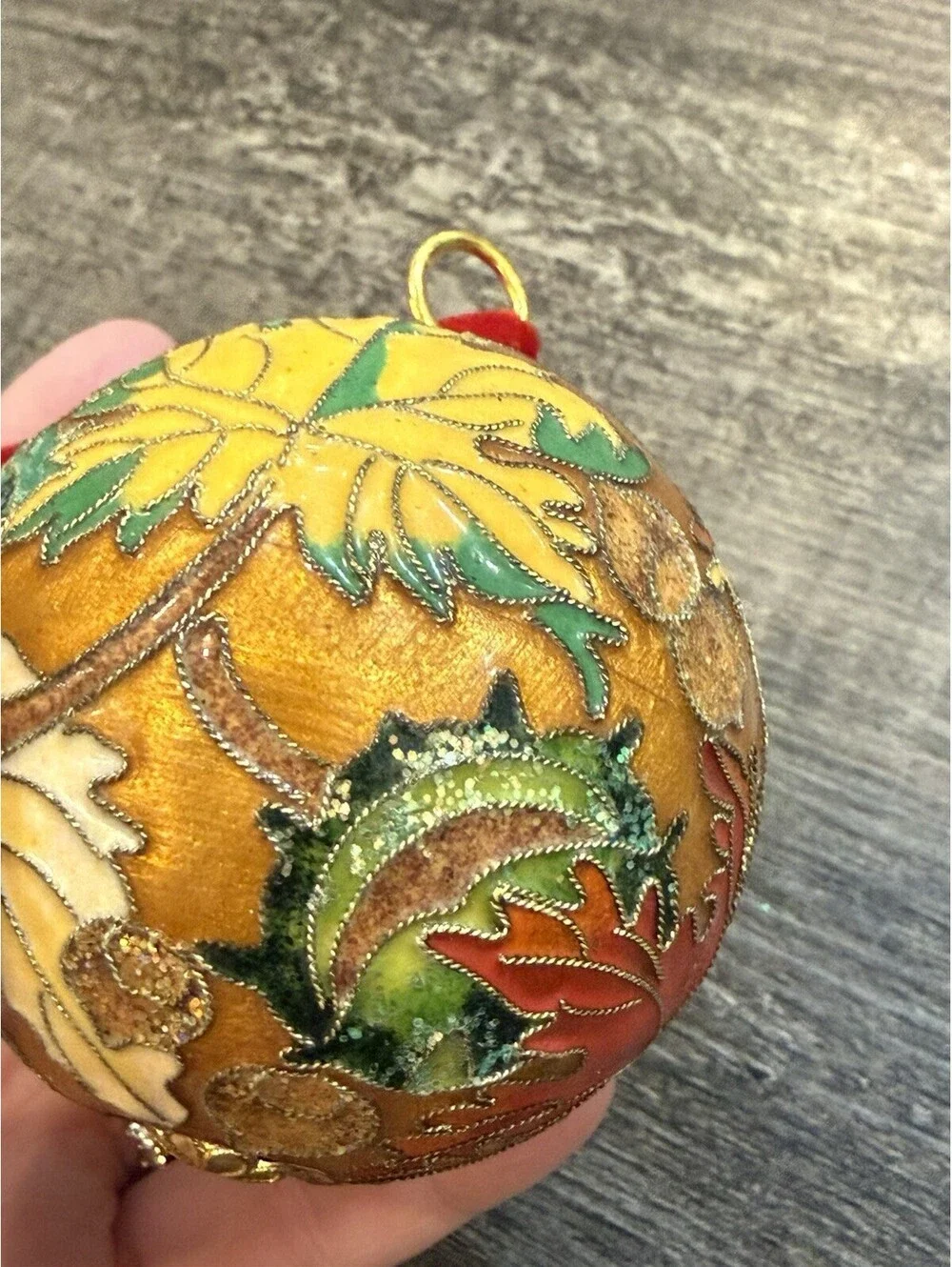 Cloisonne Enamel Golden Christmas Tree Ornament Floral Design 3”